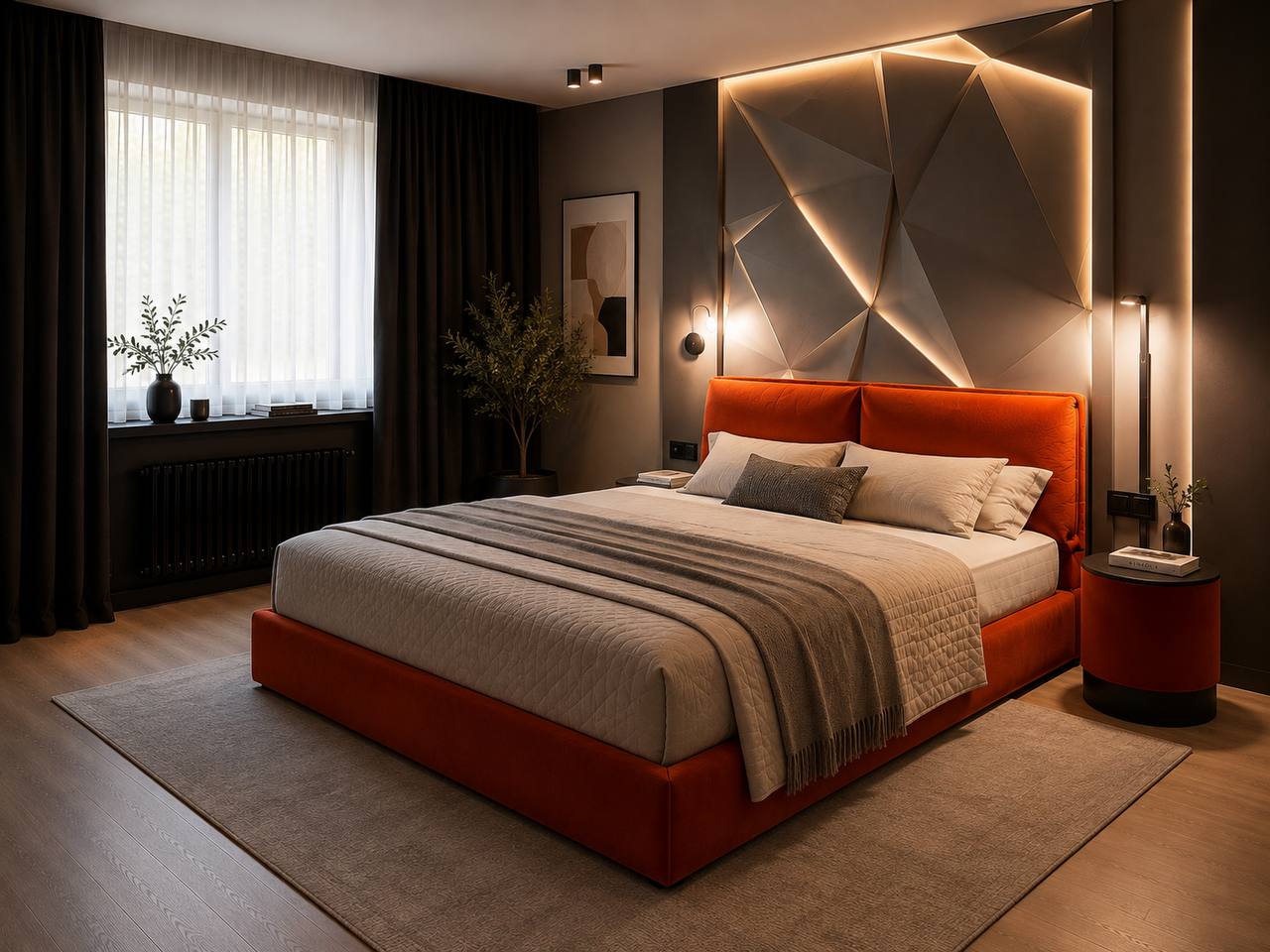 Кровать MILAN от QUEEN HOME STUDIO в оранжевом велюре с низким подушечным изголовьем в интерьере спальни с дизайнерской стеновой панелью